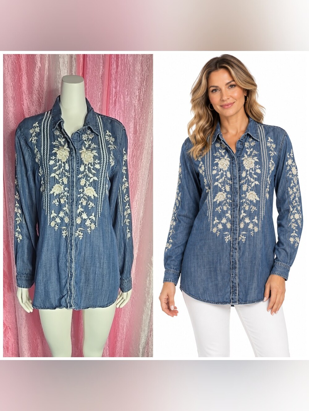 Driftwood Sandy Western Chambray Floral Embroidered Button-Up Shirt Size XL